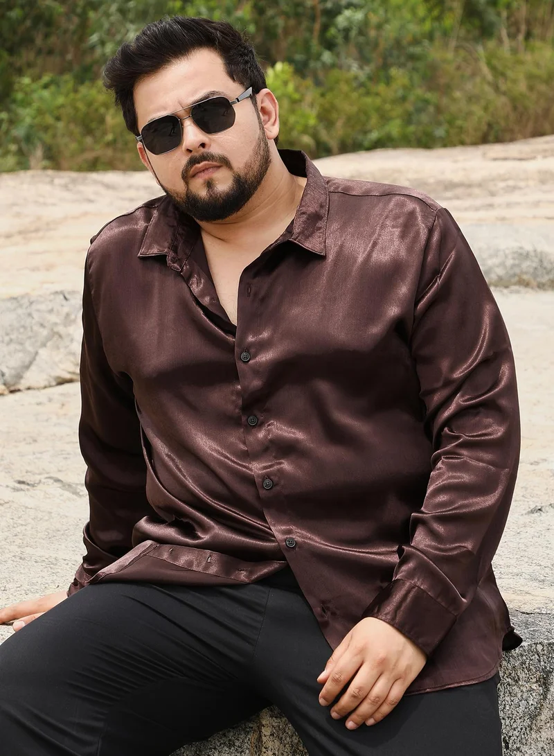 انستافاب بلس Instafab Men's Coffee Brown Gleaming Crushed-Satin Shirt | Spread Collar , Long Cuffed Sleeves , Button Closure | Solid Crushed Satin | Satin Shirt For Party Wear