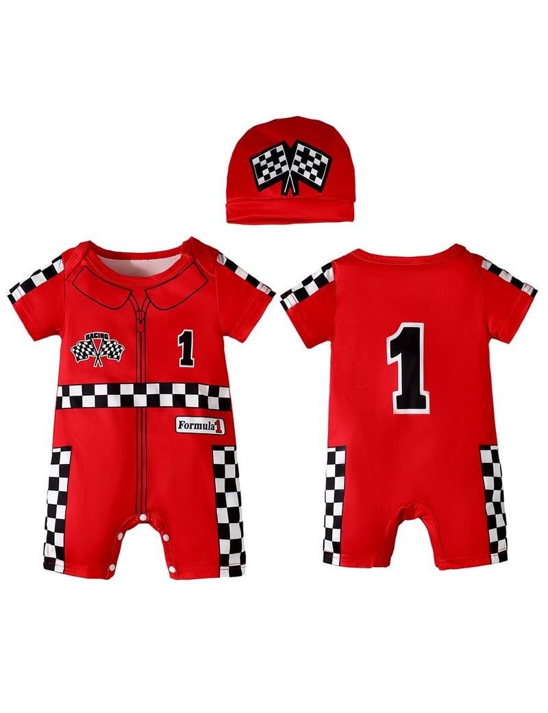 Happidoo Baby Boy 1st Birthday Outfit One Year Old Birthday Clothes Boy Race Car Driver Romper (Red-short,12-18 Months) - Image 1