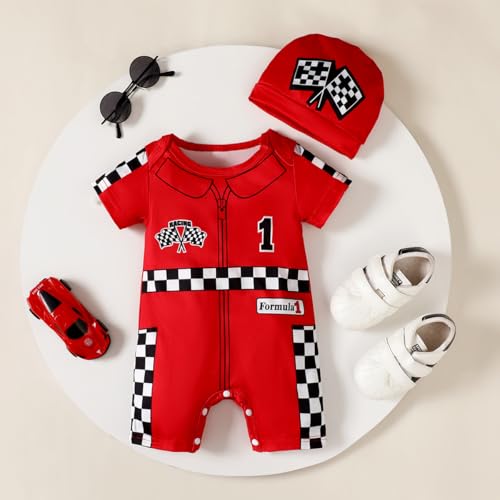 Happidoo Baby Boy 1st Birthday Outfit One Year Old Birthday Clothes Boy Race Car Driver Romper (Red-short,12-18 Months) - Image 2