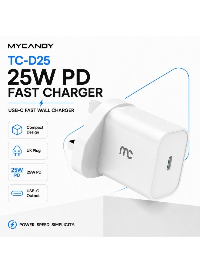 MYCANDY Tc-D25 25W Usb-C Pd Fast Wall Charger For Iphone, Samsung & Usb-C Devices, White White - Image 1