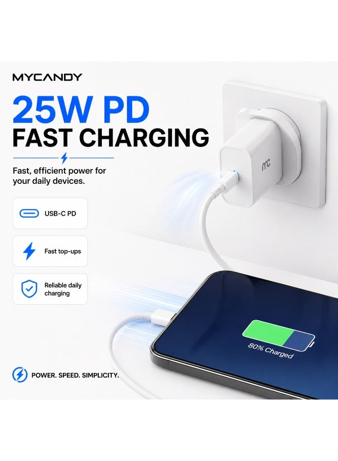 MYCANDY Tc-D25 25W Usb-C Pd Fast Wall Charger For Iphone, Samsung & Usb-C Devices, White White - Image 3