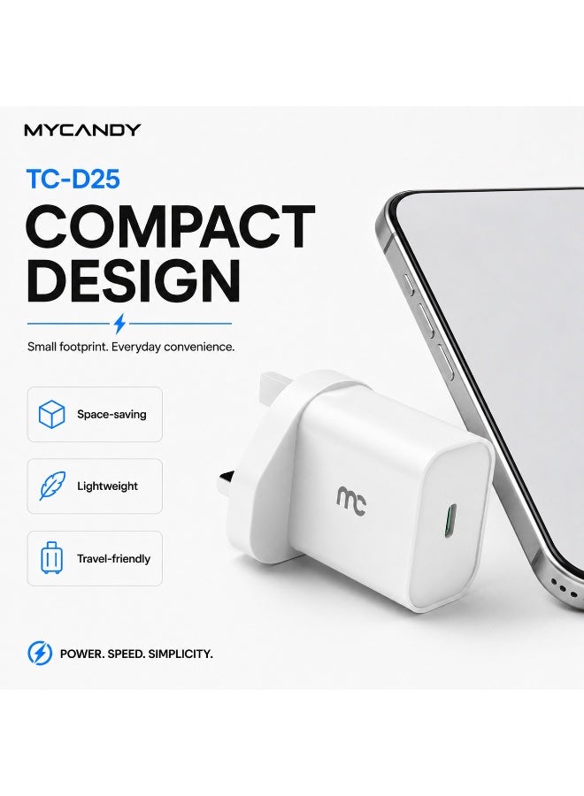MYCANDY Tc-D25 25W Usb-C Pd Fast Wall Charger For Iphone, Samsung & Usb-C Devices, White White - Image 2