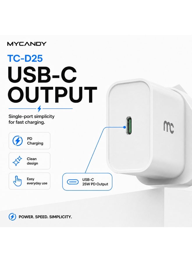 MYCANDY Tc-D25 25W Usb-C Pd Fast Wall Charger For Iphone, Samsung & Usb-C Devices, White White - Image 4