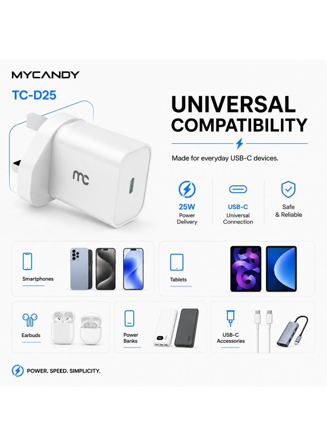 MYCANDY Tc-D25 25W Usb-C Pd Fast Wall Charger For Iphone, Samsung & Usb-C Devices, White White - Image 5