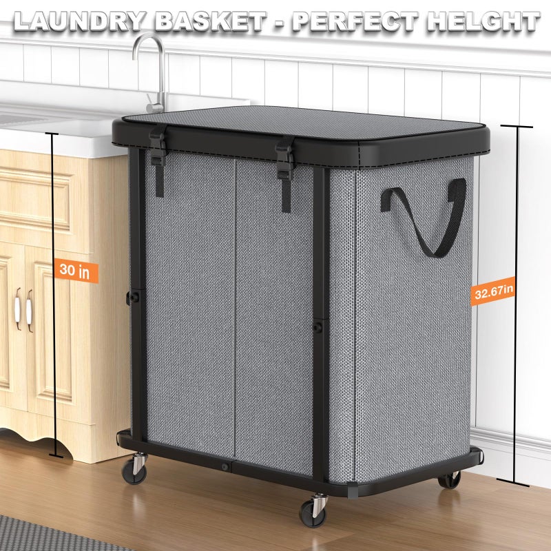 alentar 190L (50 Gal) Large Fashion Laundry Basket with Wheels, Leather Patchwork Rolling Hamper Carts, Sturdy Metal Frame, Removable Washable Bag, Tall Clothes Sorter for Bedroom - 2 Setion Gray - Image 4