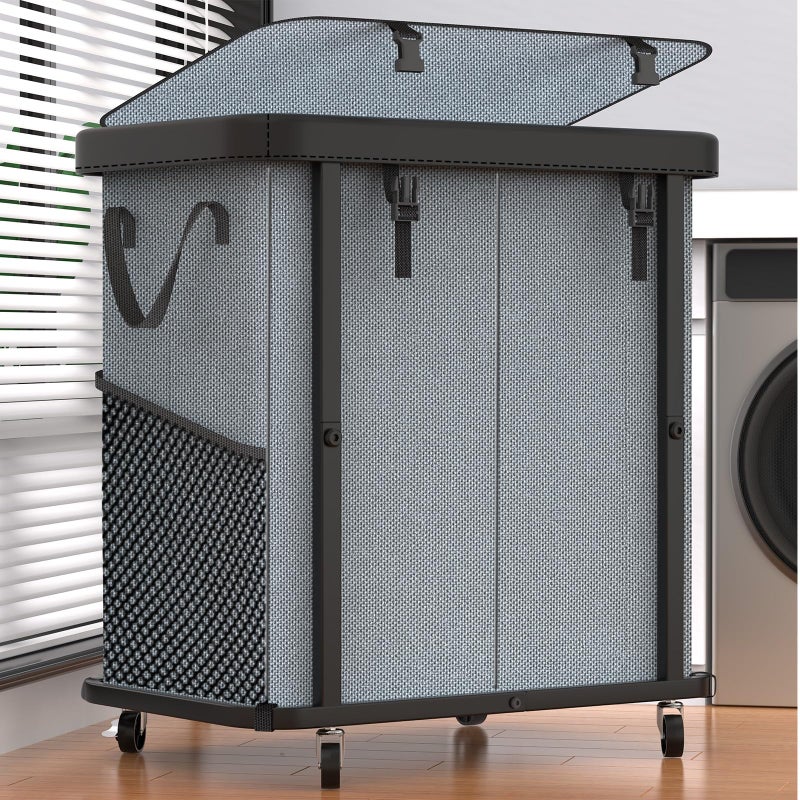 alentar 190L (50 Gal) Large Fashion Laundry Basket with Wheels, Leather Patchwork Rolling Hamper Carts, Sturdy Metal Frame, Removable Washable Bag, Tall Clothes Sorter for Bedroom - 2 Setion Gray - Image 1