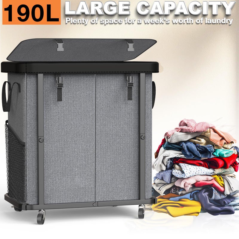 alentar 190L (50 Gal) Large Fashion Laundry Basket with Wheels, Leather Patchwork Rolling Hamper Carts, Sturdy Metal Frame, Removable Washable Bag, Tall Clothes Sorter for Bedroom - 2 Setion Gray - Image 3