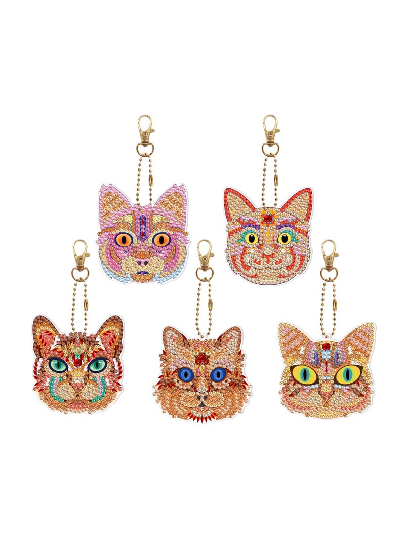 Luckam 5 Pcs 5D Diamond Painting Keychain Cat Shaped Full Drill Art Kits Key Ring Mosaic Craft Pendant for Case Purse Phone Bag - Image 1
