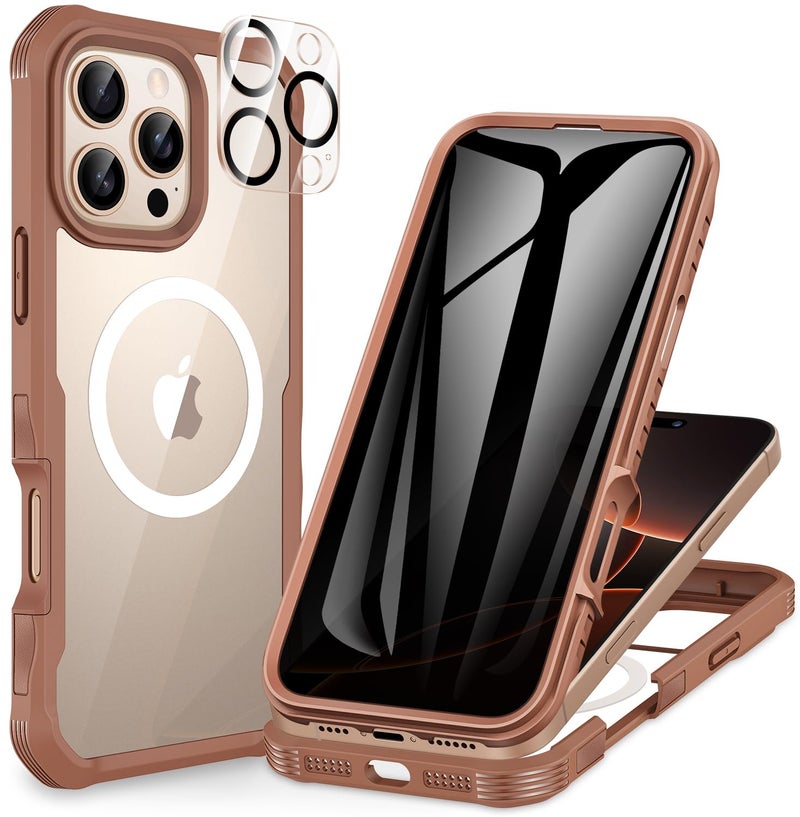 CENHUFO Privacy for iPhone 16 Pro Case, Compatible with Magsafe Magnetic Full Body Case Built-in 9H Tempered Glass Privacy Screen Protector and Camera Lens Protector, Shockproof Cover -Desert Brown - Image 1