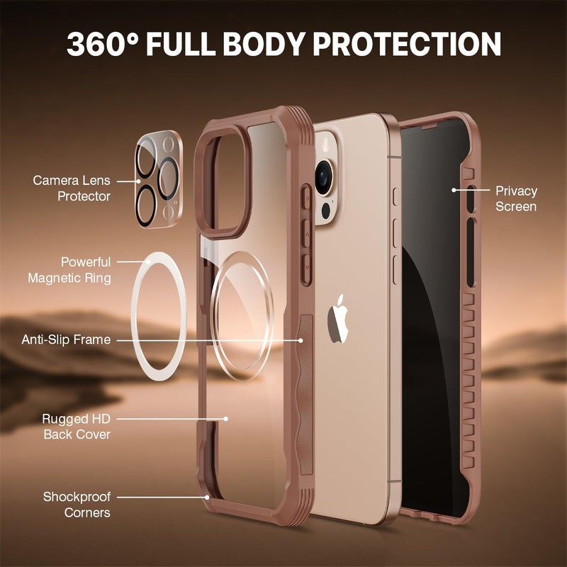 CENHUFO Privacy for iPhone 16 Pro Case, Compatible with Magsafe Magnetic Full Body Case Built-in 9H Tempered Glass Privacy Screen Protector and Camera Lens Protector, Shockproof Cover -Desert Brown - Image 3