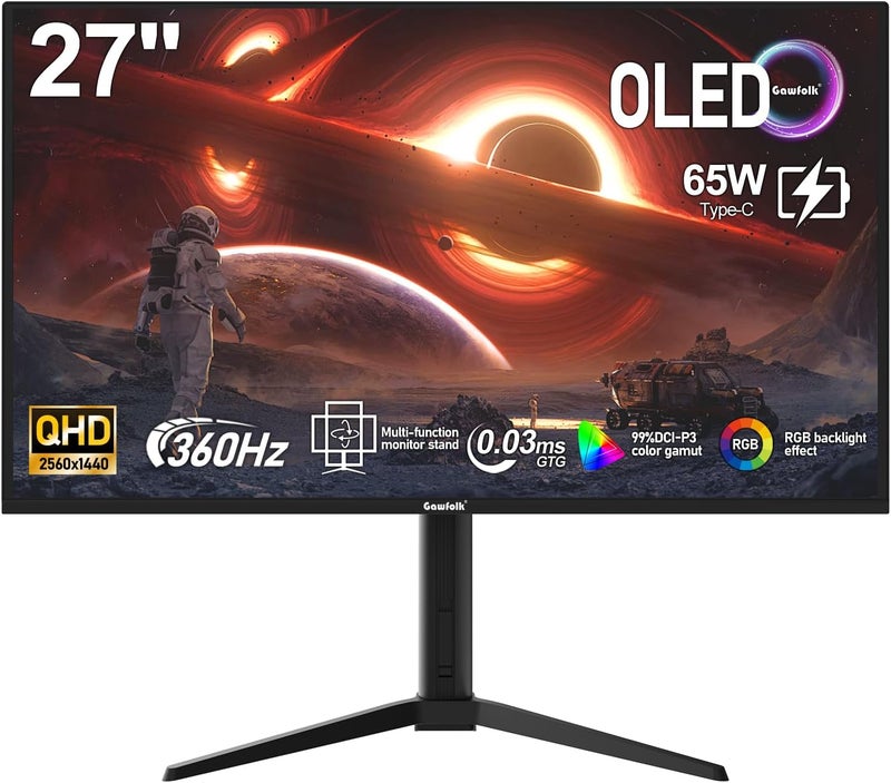 Gawfolk شاشة ألعاب مقاس 27 بوصة، QD OLED، دقة 2K، 360 هرتز، KVM، دقة QHD (2560×1440)، زمن استجابة 0.03 مللي ثانية (GTG)، PIP PBP، 99% DCI-P3، Type-C 65 واط، HDR400، HUB3.0، نسبة تباين 1.5 مليون:1، إضاءة خلفية RGB، قابلة للتعديل في الإمالة والارتفاع والدوران. - Image 1