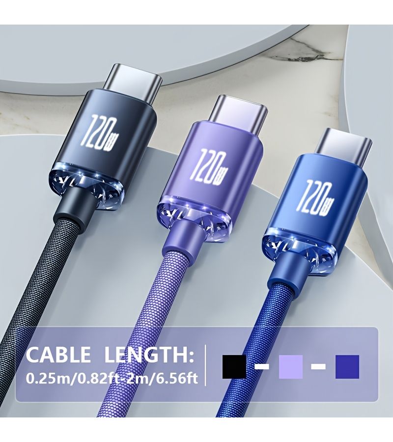3pcs 120W 6A Dual Type C Fast Charging Data Cables 6.56 Feet Blue Black Purple for iPhone Xiaomi OnePlus and Other Smartphones - Image 2