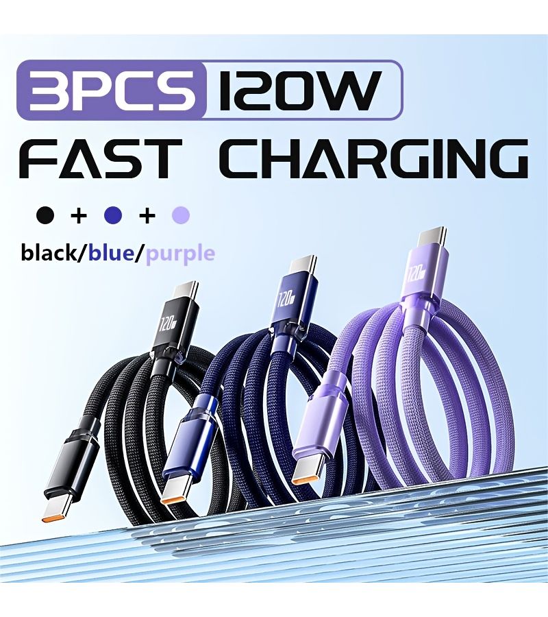 3pcs 120W 6A Dual Type C Fast Charging Data Cables 6.56 Feet Blue Black Purple for iPhone Xiaomi OnePlus and Other Smartphones - Image 3