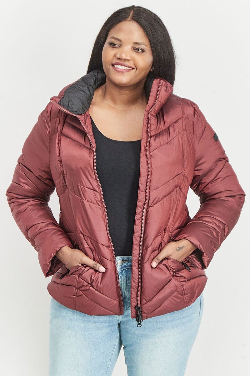 Sam Edelman Women High Neckline Long Sleeve Chevron Puffer Jacket, Burgundy - Image 1