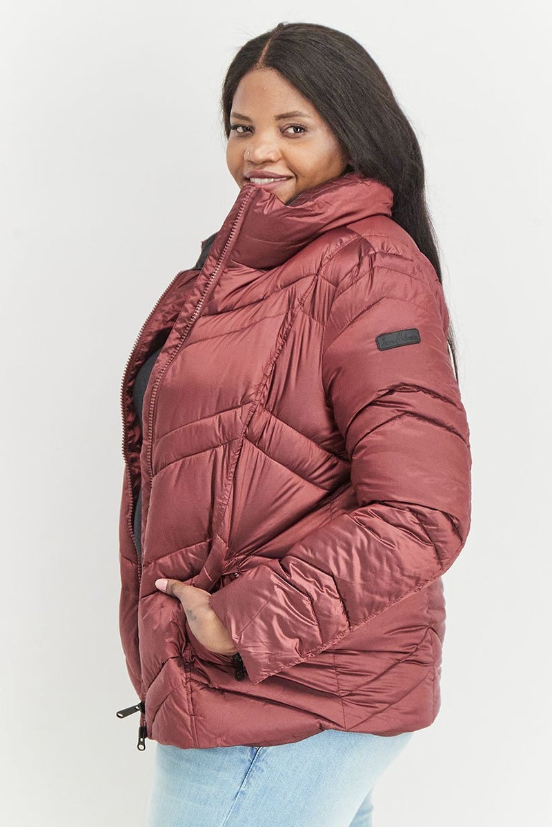 Sam Edelman Women High Neckline Long Sleeve Chevron Puffer Jacket, Burgundy - Image 3