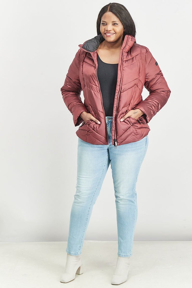 Sam Edelman Women High Neckline Long Sleeve Chevron Puffer Jacket, Burgundy - Image 4