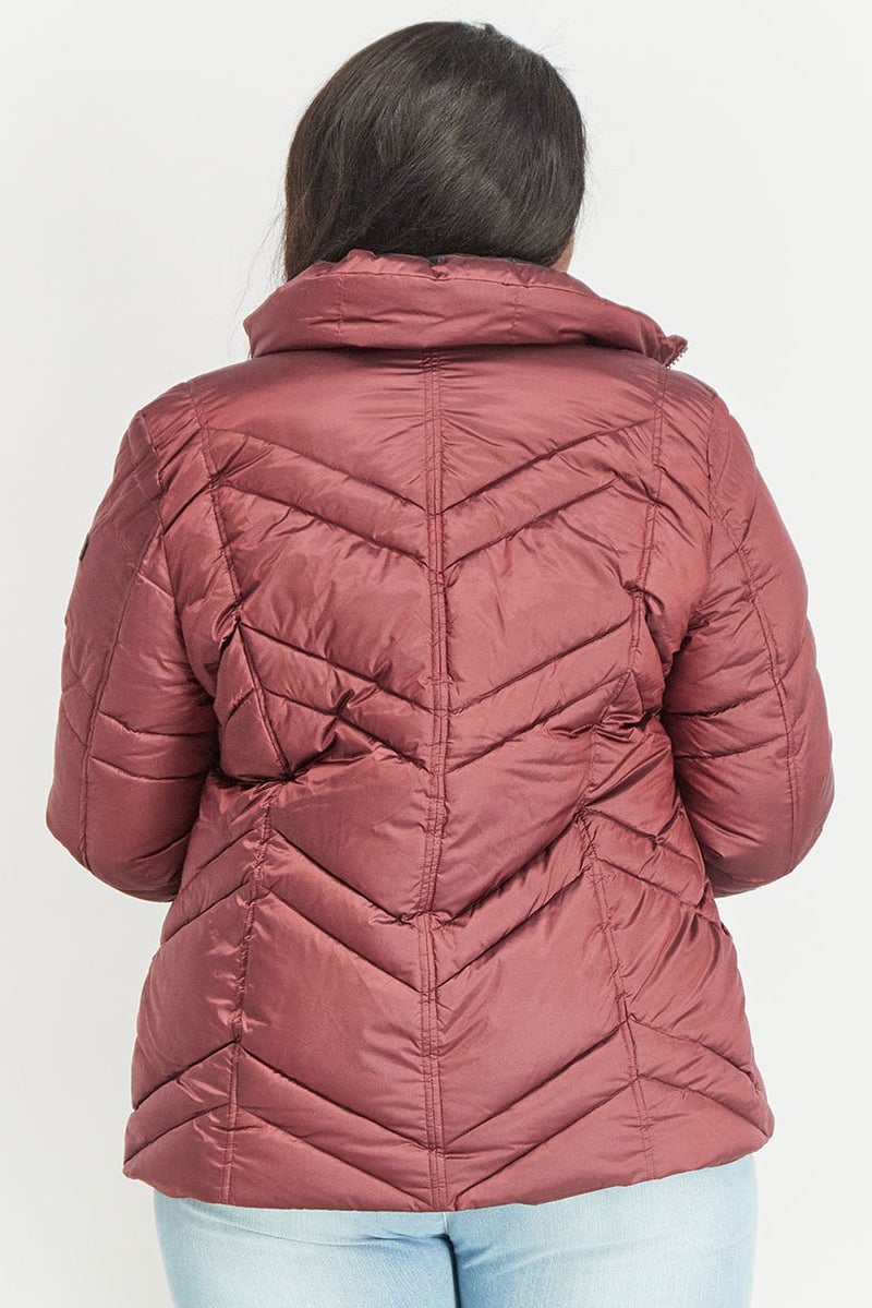Sam Edelman Women High Neckline Long Sleeve Chevron Puffer Jacket, Burgundy - Image 4