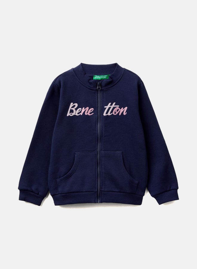 Benetton Logo Print Zip Long Sleeve Sweatshirt  - Image 3