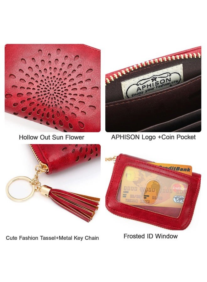 APHISON RFID Credit Card Holder Zipper Card Case Small Wallets for Women Leather Sunflower style Ladies Girls/Gift Box 1927 RED - Image 4