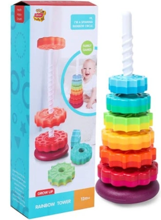 Toy Box Rainbow Color Spin Tower Stack Toy In Gear Shapes Big Size Montessori Educational Early Learning Aids Kids Baby Boy Girl Gifts  - Image 1