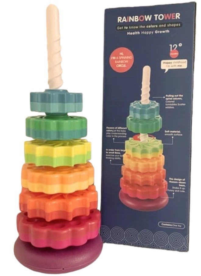 Toy Box Rainbow Color Spin Tower Stack Toy In Gear Shapes Big Size Montessori Educational Early Learning Aids Kids Baby Boy Girl Gifts  - Image 2
