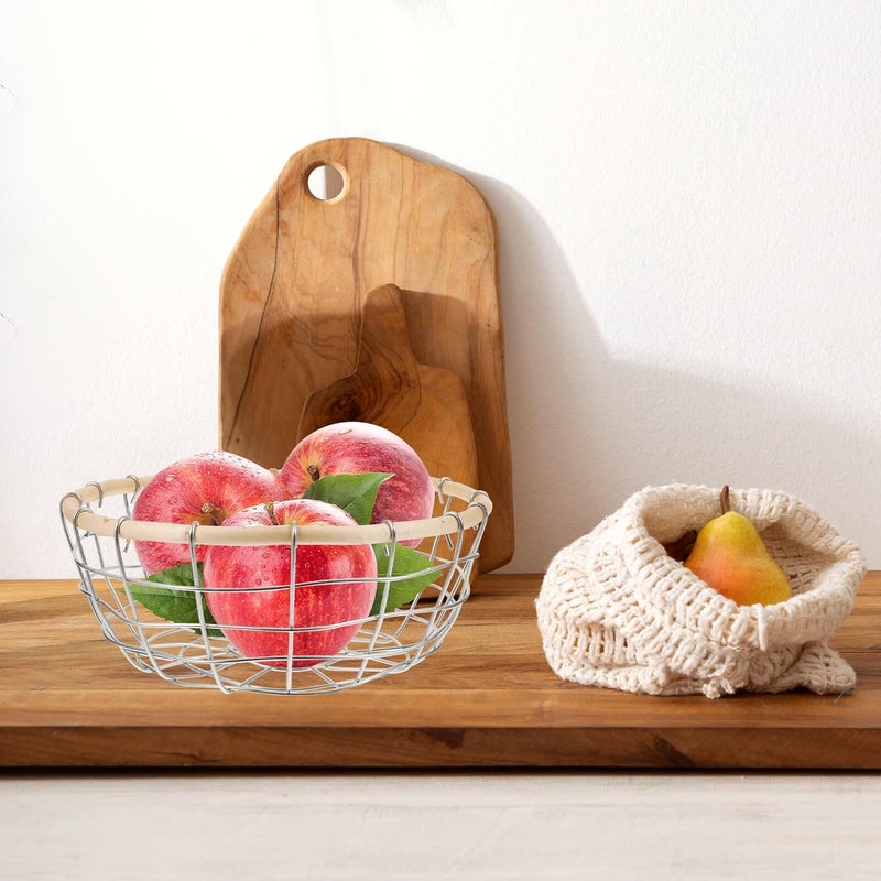 Iron Wire Fruit Basket and Bread Serving Basket, Small Handmade Wrought Metal Wire Storage Organizer for Kitchen Countertop, Decorative Hollow Desktop Snack and Produce Holder - Image 4