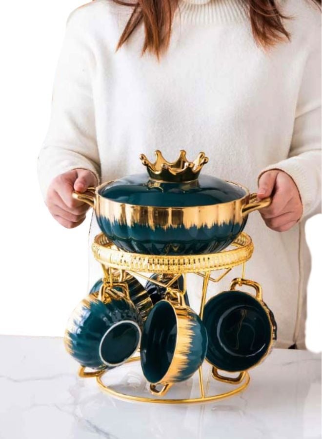 A TO Z Luxurious Ceramic Soup Tureen Set with 6 Handled Bowls, Gold Stand & Lid – Stylish Hotpot Home Decor Kitchen Utensils for Ramen, Pasta, and Gravy (Green and Gold) - Image 2