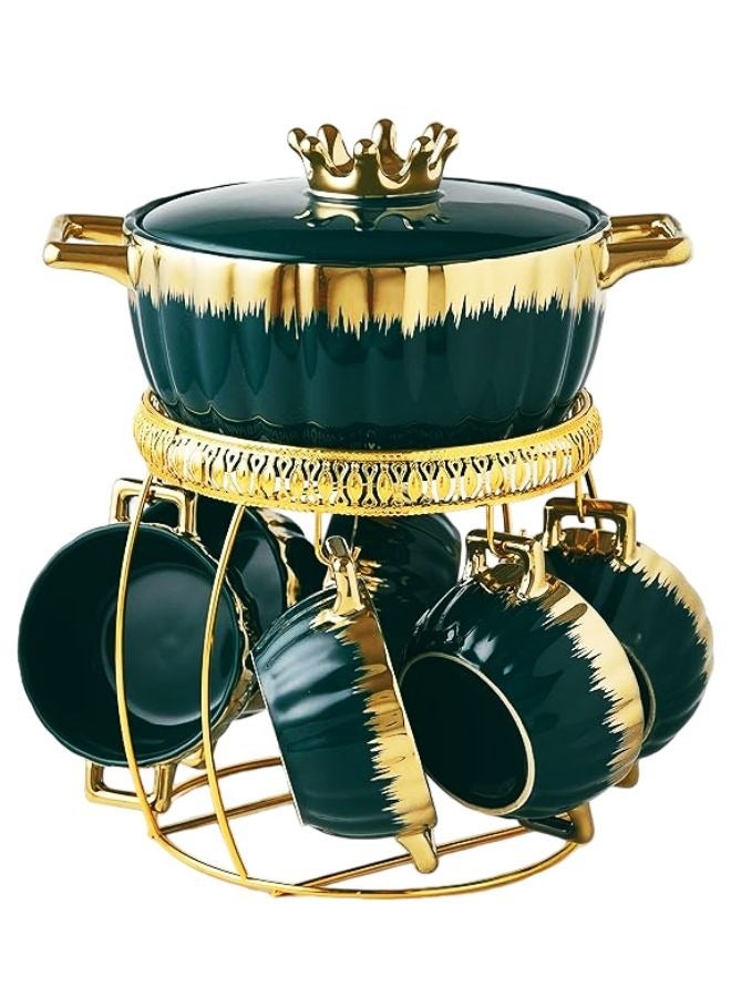 A TO Z Luxurious Ceramic Soup Tureen Set with 6 Handled Bowls, Gold Stand & Lid – Stylish Hotpot Home Decor Kitchen Utensils for Ramen, Pasta, and Gravy (Green and Gold) - Image 3