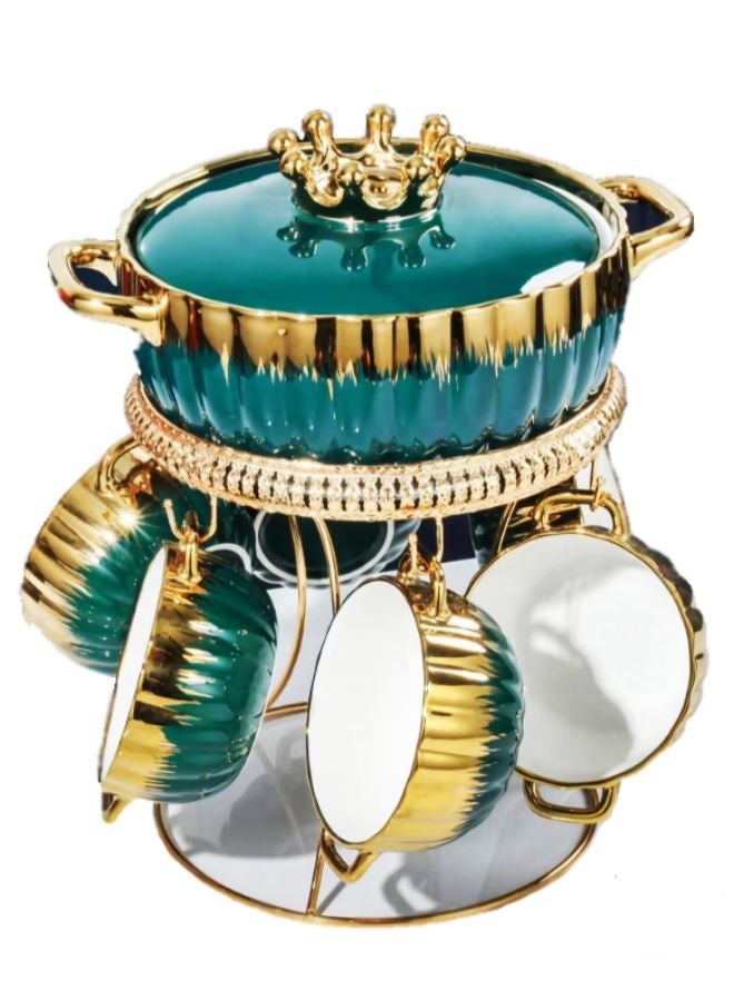 A TO Z Luxurious Ceramic Soup Tureen Set with 6 Handled Bowls, Gold Stand & Lid – Stylish Hotpot Home Decor Kitchen Utensils for Ramen, Pasta, and Gravy (Green and Gold) - Image 1