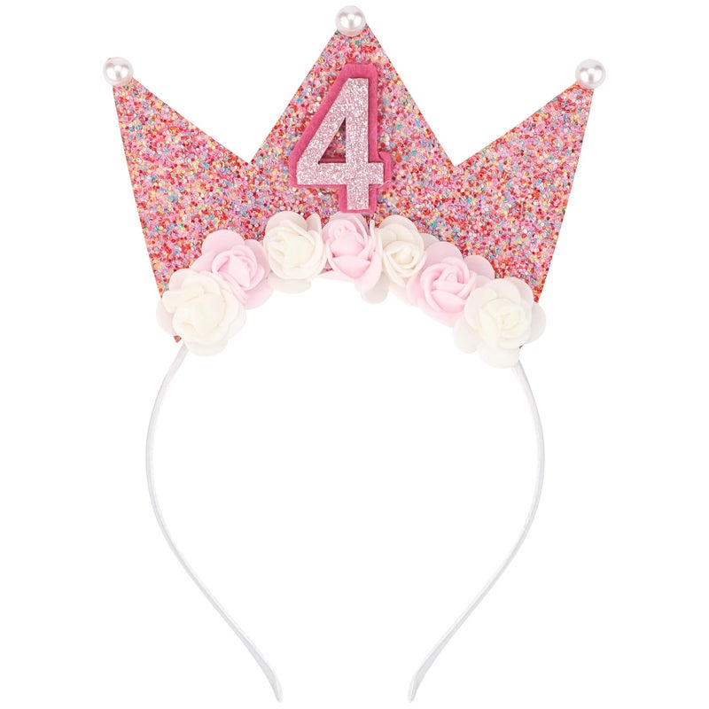 SuPoo 4th Birthday Decorations for Girls  Princess Tiara Headband Glitter Hair Band Birthday Crown Flower Hair Accessory for 4 Year Old Party