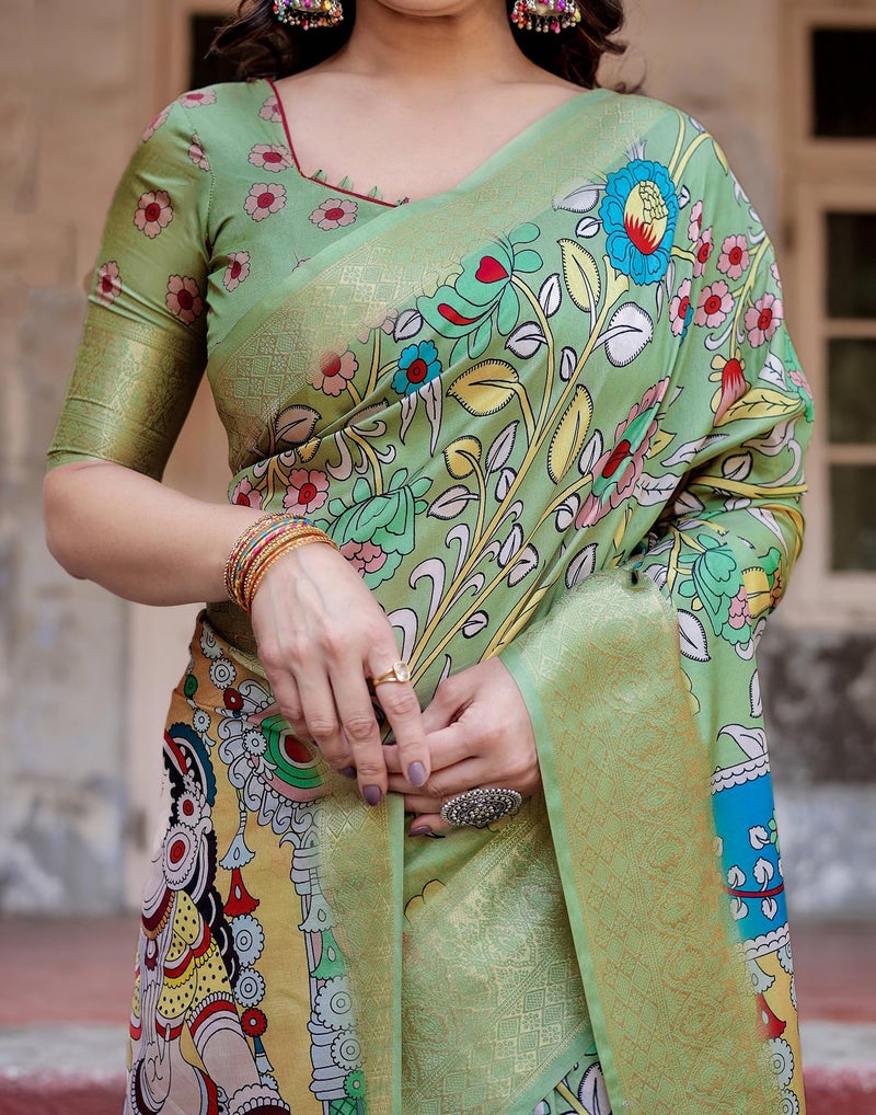SIRIL Women's Tussar Silk Kalamkari Printed Saree with Unstitched blouse Piece (4298S303_Pista Green & Multi) - Image 5