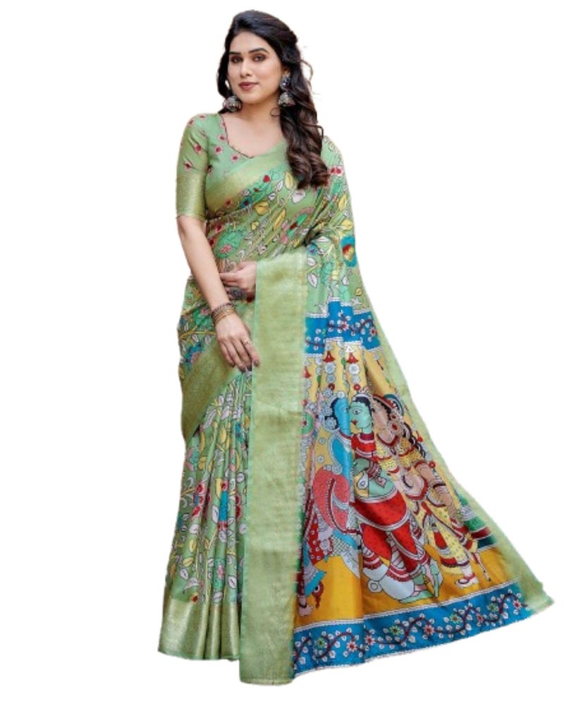 SIRIL Women's Tussar Silk Kalamkari Printed Saree with Unstitched blouse Piece (4298S303_Pista Green & Multi) - Image 1