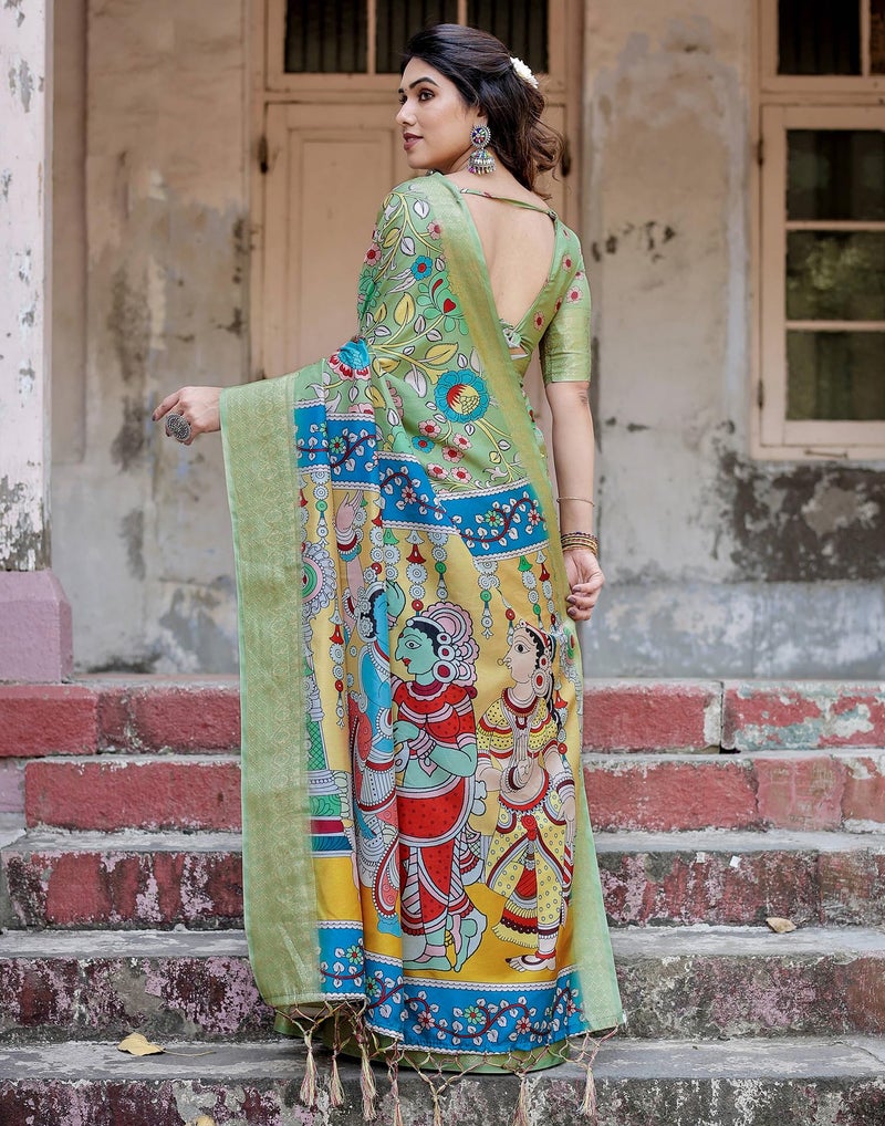 SIRIL Women's Tussar Silk Kalamkari Printed Saree with Unstitched blouse Piece (4298S303_Pista Green & Multi) - Image 2