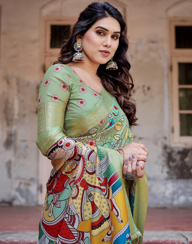 SIRIL Women's Tussar Silk Kalamkari Printed Saree with Unstitched blouse Piece (4298S303_Pista Green & Multi) - Image 3