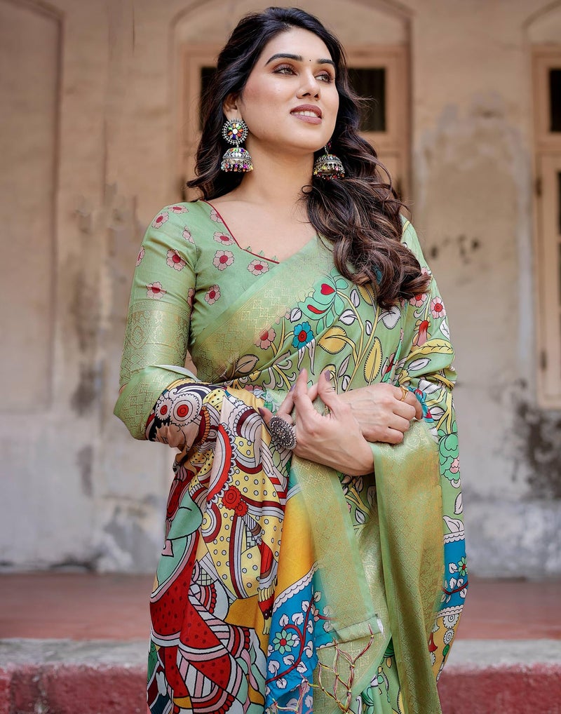 SIRIL Women's Tussar Silk Kalamkari Printed Saree with Unstitched blouse Piece (4298S303_Pista Green & Multi) - Image 4
