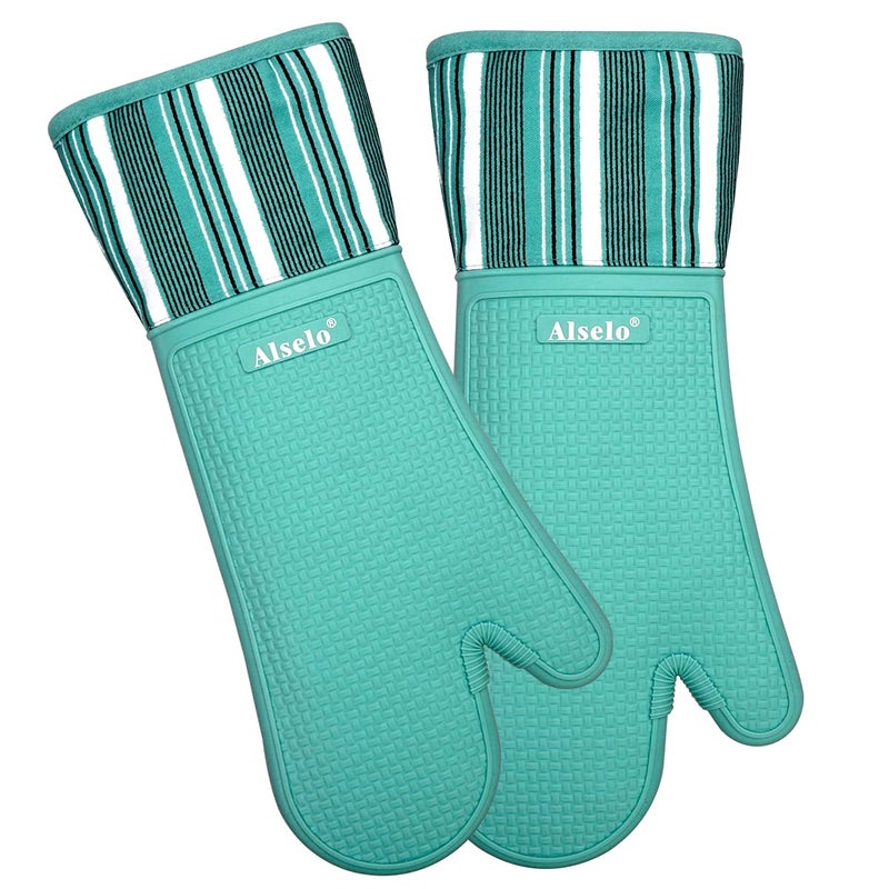 Alselo Silicone Oven Mitts Heat Resistant 550 Degree Extra Long Kitchen Gloves Pot Holders with Waterproof and NonSilp for Baking Cooking Barbecue Microwave Machine Washable Extra Long Blue 2
