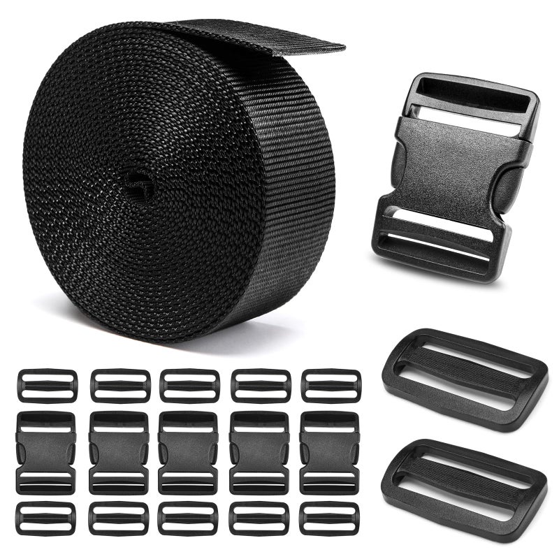 BEYOURD 2 HeavyDuty Buckle  Straps Set 6Pack Side Release Plastic Buckles 6 Yards of Thick Nylon Webbing 12 TriGlide Slide Clips No Sewing Required 2 Combo Set