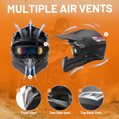 OUMURS Adult Dirt Bike Helmet with Goggles Gloves & Mask Adjustable Sun Visor Motorcycle Adult ATV Helmet Off-Road Motocross Downhill Moped MX BMX for Unisex-Adult-Matte Black-188, M - Image 5