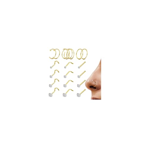 LOYALLOOK 18Pcs Nose Rings Studs - 316L Surgical Steel Nose Studs Double Hoop Nose Ring for Women Men 20G 14K Gold Plated Nose Rings Stud Hypoallergenic Nose/Body Piercing Jewelry 1.5mm 2mm 2.5mm 3mm CZ - Image 1