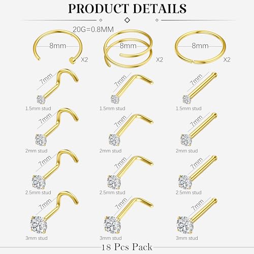 LOYALLOOK 18Pcs Nose Rings Studs - 316L Surgical Steel Nose Studs Double Hoop Nose Ring for Women Men 20G 14K Gold Plated Nose Rings Stud Hypoallergenic Nose/Body Piercing Jewelry 1.5mm 2mm 2.5mm 3mm CZ - Image 4