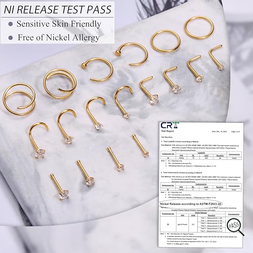 LOYALLOOK 18Pcs Nose Rings Studs - 316L Surgical Steel Nose Studs Double Hoop Nose Ring for Women Men 20G 14K Gold Plated Nose Rings Stud Hypoallergenic Nose/Body Piercing Jewelry 1.5mm 2mm 2.5mm 3mm CZ - Image 5