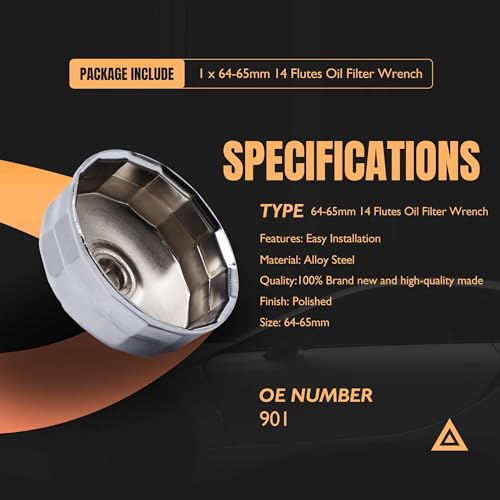 OXCANO مفتاح فلتر الزيت OXCANO بقطر داخلي 64 مم/2.5 بوصة و14 شفة، متوافق مع فلتر الزيت Wix 57356 15400-PLM-A02، متوافق مع هوندا أكورد وأكورا سيفيك CRV نيسان سنترا، أداة لمستخدمي السيارات - Image 3
