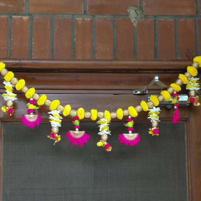 Kaameri Bazaar Traditional Handmade toran|Multicolor String with gota pom pom, Parrot and Beads|for Diwali Decorations Items Fancy Decorative Garland Door Hanging, Bandarwal, Toran, 42 Inch - Image 2