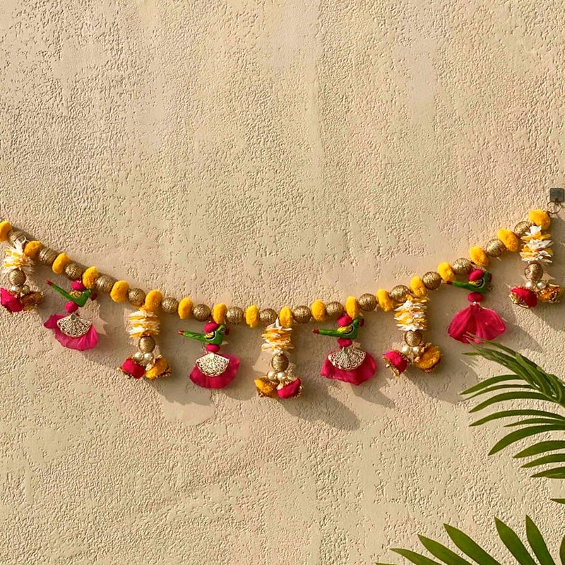 Kaameri Bazaar Traditional Handmade toran|Multicolor String with gota pom pom, Parrot and Beads|for Diwali Decorations Items Fancy Decorative Garland Door Hanging, Bandarwal, Toran, 42 Inch - Image 1