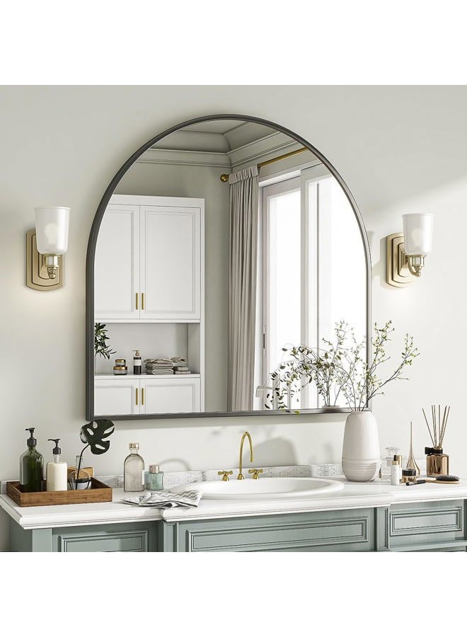 VooBang Arched Wall Mirror, 31 x 32 inch Arch Bathroom Mirror, Wall Mounted Vanity Mirror with Arch Metal Frame, Modern Bathroom Vanity Mirror for Bedroom, Living Room, Hanging or Leaning, Black - Image 3