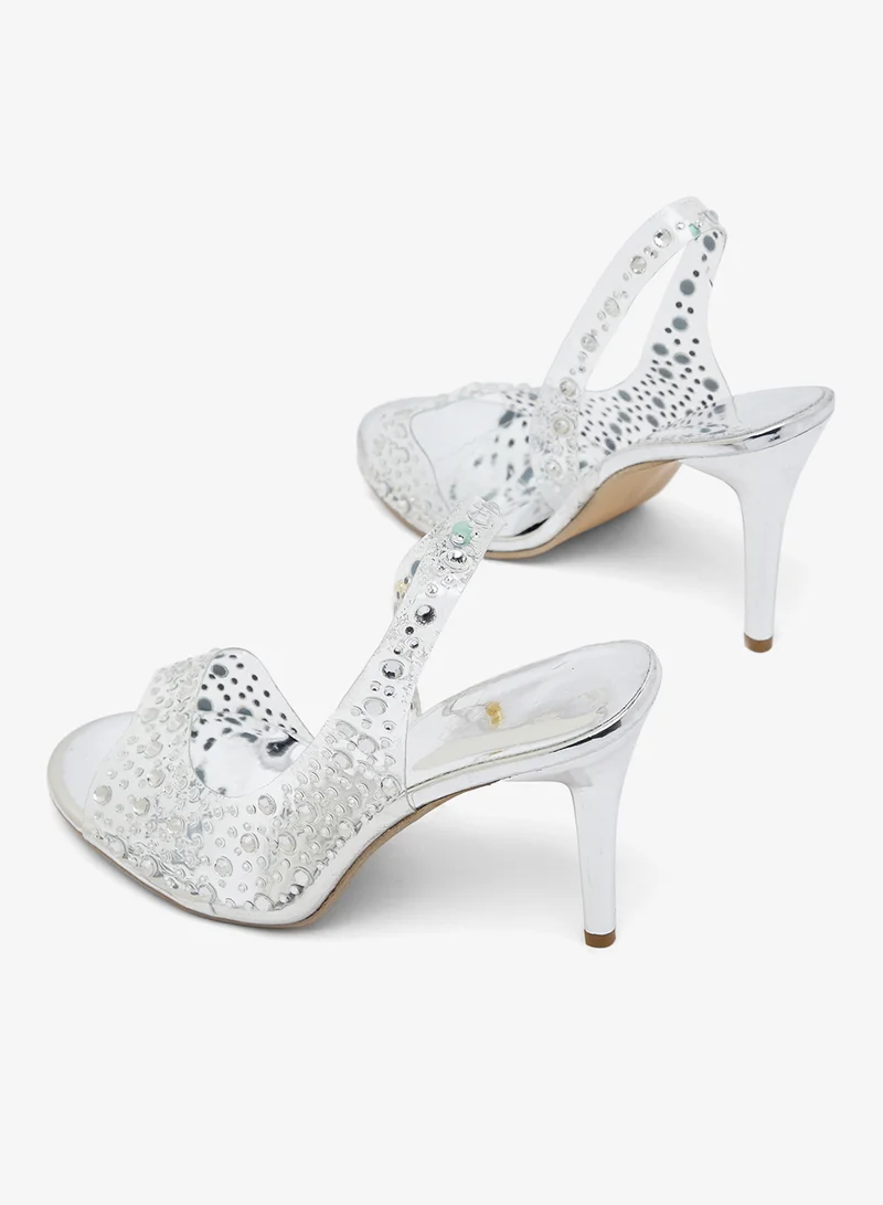 Ginger Silver Rhinestone Diamonte Embellished High Heel Stiletto Sandals for Women | Best Price UAE