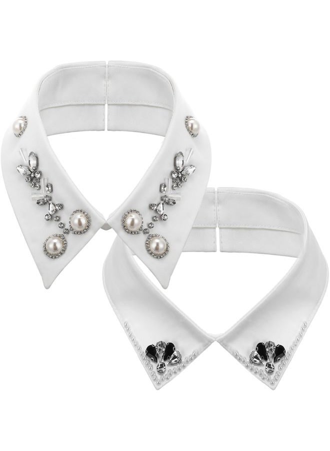 Cuffbow 2 Pieces Fake Collar Detachable Rhinestone Dickey Collar Half Shirts for Dresses Sweaters Shirts, White, White, neckline circumference about 17.7 inches - Image 1