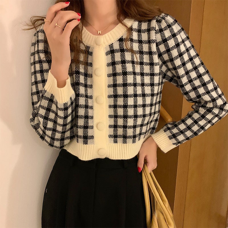 Petite Retro Chic Knitted Cardigan Spring 2025 New Niche Plaid Design Short Jacket Top Black/niche retro 