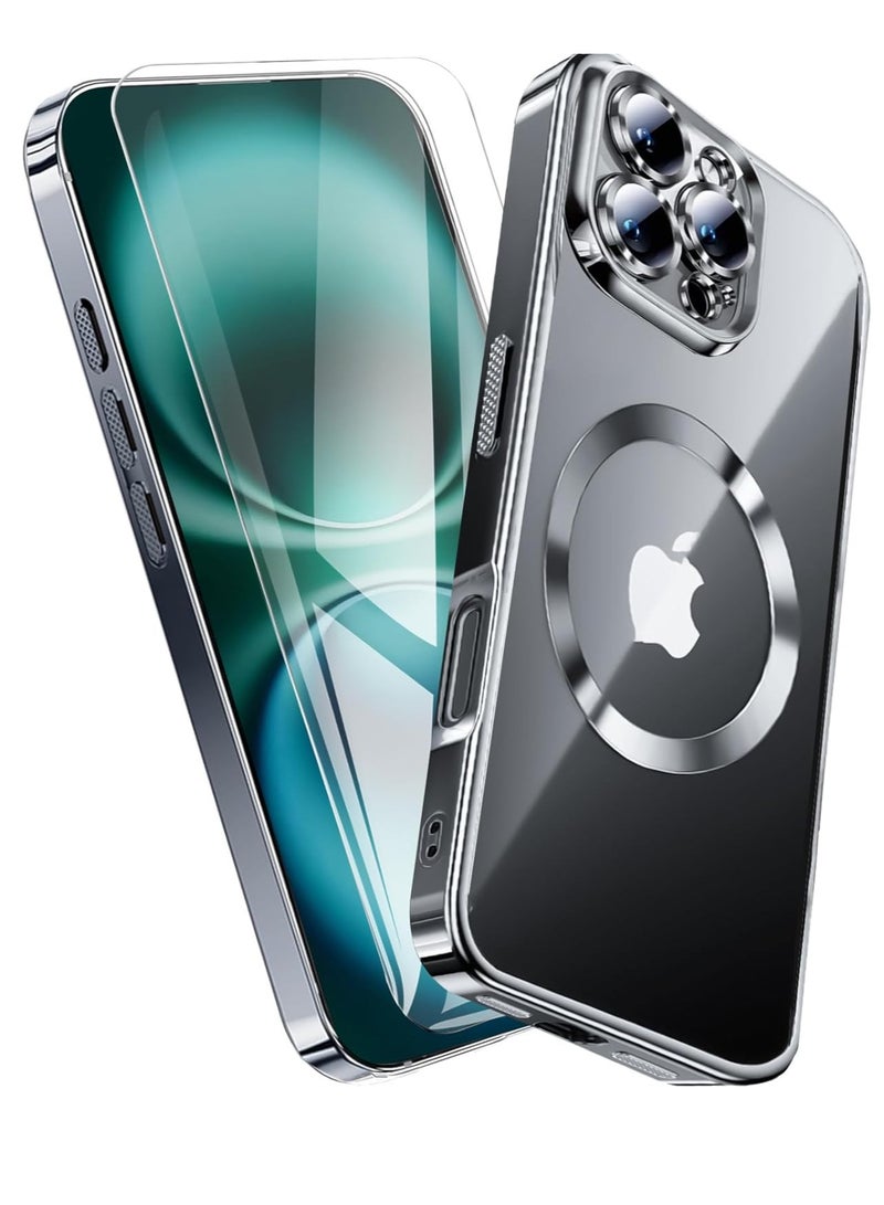 إلترازون Clear Titanium iPhone 16 Pro Case with Screen Protector - MagSafe Compatible, Full Camera Cover Protection, Metallic Glossy Luxury Soft TPU Case (Black)