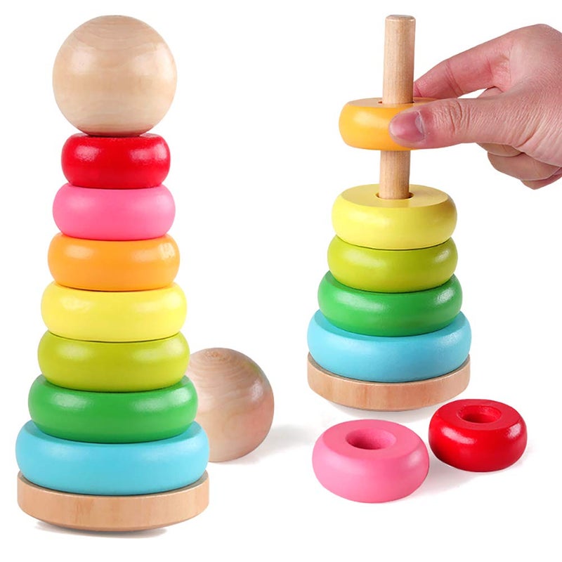 GEMEM Stacking Rings Toy Wooden Rainbow Stacker Toddler Learning Toys for 18 Months 2 Year Old Baby Boys Girls Non-Toxic - Image 3
